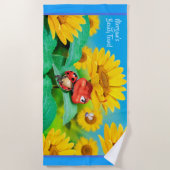 Kleurhanddoek slaperig Ladybug zonnebloemen. Blauw Strandlaken (Voorkant)