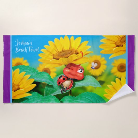 Kleurhanddoek slaperig Ladybug zonnebloemen. Paars Strandlaken (Voorkant)