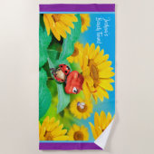 Kleurhanddoek slaperig Ladybug zonnebloemen. Paars Strandlaken (Voorkant)