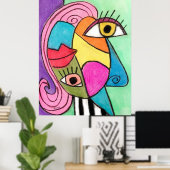 Kleurig Abstract gezicht Cubisme Rode Paarse blauw Poster (Thuiskantoor)