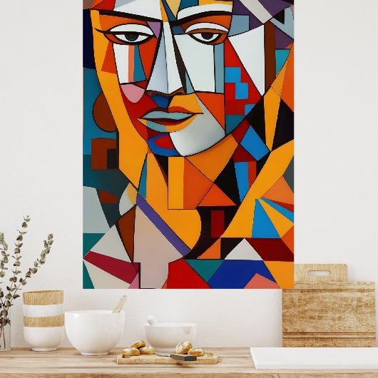 Kleurig Abstract gezicht Cubisme Rode Paarse blauw Poster (Keuken)