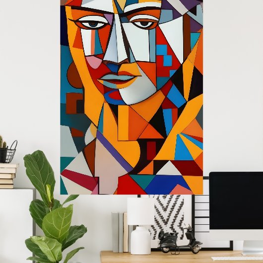 Kleurig Abstract gezicht Cubisme Rode Paarse blauw Poster (Thuiskantoor)