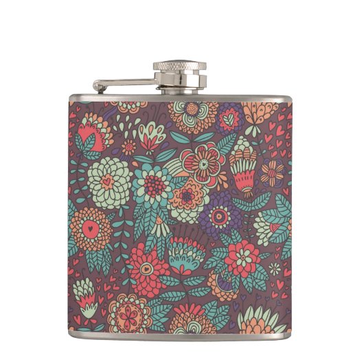 Kleurig bloempatroon in cartoon stijl heupfles (Voorkant)