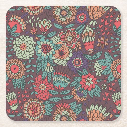 Kleurig bloempatroon in cartoon stijl kartonnen onderzetters (Voorkant)
