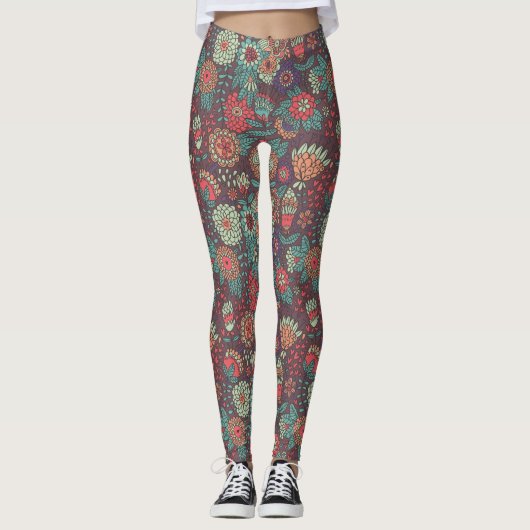 Kleurig bloempatroon in cartoon stijl leggings (Voorkant)