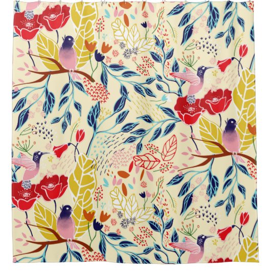 Kleurig bloempatroon met papavers en vogels douchegordijn (Voorkant)