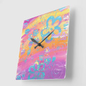 Kleurig bloemschilderij vierkante klok (Hoek)