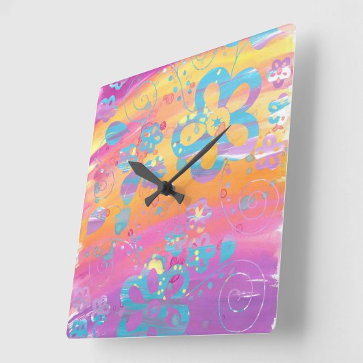 Kleurig bloemschilderij vierkante klok (Hoek)