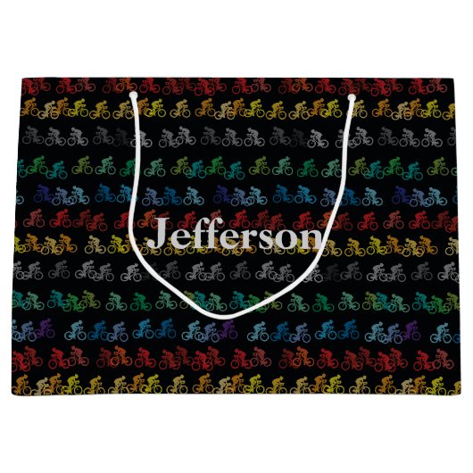 Kleurig fietspatroon op zwart groot cadeauzakje (Voorkant)