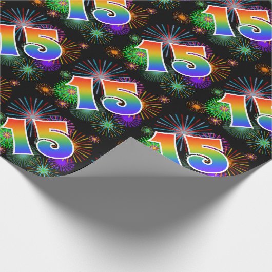 Kleurig Fireworks + Rainboogpatroon "15" Event # Cadeaupapier (Hoek)