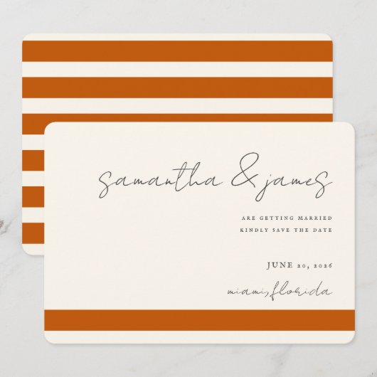 Kleurig gebrand Oranje stripes handgeschreven scri Save The Date (Voorkant / Achterkant)