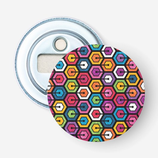 Kleurig geometrisch patroon met zeshoeken button flesopener (Voorkant)