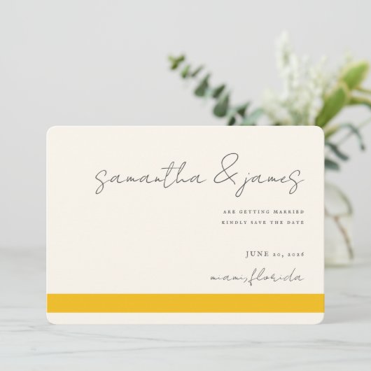 Kleurig handgeschreven script voor Bright Gele Str Save The Date (Staand voorkant)