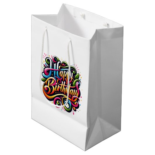 Kleurig Happy Birthday Feest Medium Cadeauzakje (Voorkant Gekanteld)