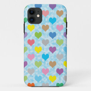 Kleurig hartenpatroon op blauwe achtergrond iPhone 11 hoesje