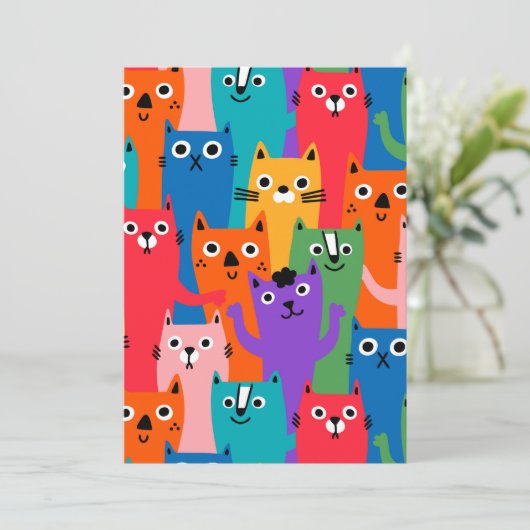 Kleurig kattenpatroon save the date (Staand voorkant)