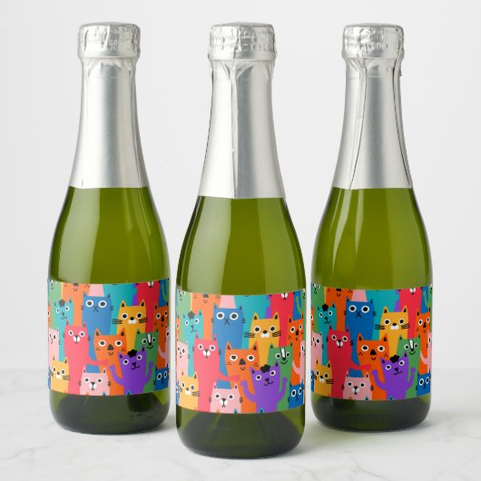 Kleurig kattenpatroon sparkling wijnetiket (Flessen)