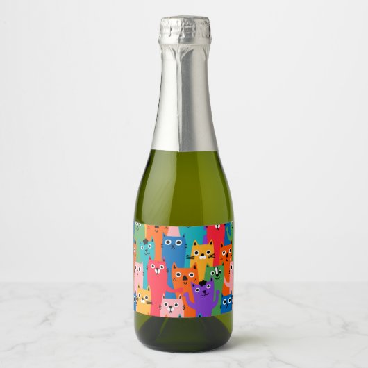 Kleurig kattenpatroon sparkling wijnetiket (Voorkant)