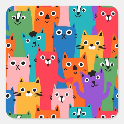 Kleurig kattenpatroon vierkante sticker (Voorkant)