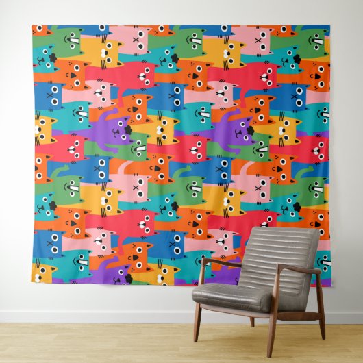 Kleurig kattenpatroon wandkleed (In Situ (horizontaal))