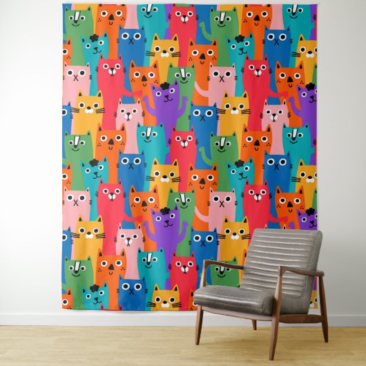 Kleurig kattenpatroon wandkleed (In situ)