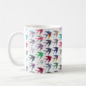 Kleurig rondzwalgend vogelpatroon koffiemok (Links)