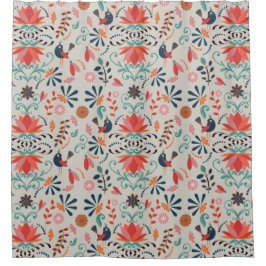 Kleurig rood bloemblauw vogelfolderpatroon douchegordijn