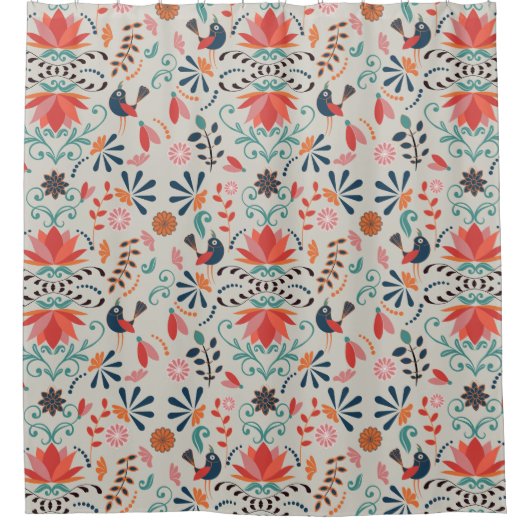 Kleurig rood bloemblauw vogelfolderpatroon douchegordijn (Voorkant)