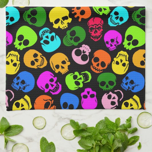 Kleurig Skulls-patroon in zwart Theedoek (Gevouwen)