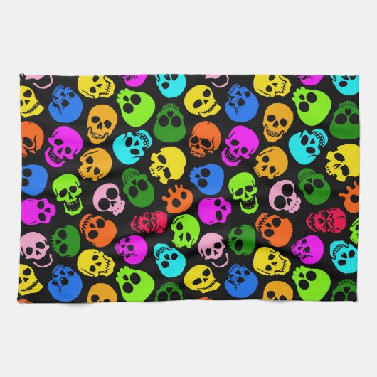 Kleurig Skulls-patroon in zwart Theedoek (Horizontaal)