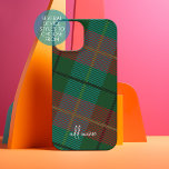 Kleurig speldenpatroon met moderne scriptnaam iPhone 15 case<br><div class="desc">Een funky plaid patroon in onduidelijk beeld,  blauwgroen en groen - Als uw kunst nog moet worden aangepast,  klik op deze knop aanpassen. Dit zal u naar een ontwerpgebied brengen waar u dingen rond kunt bewegen en zelfs doopvonten kunt veranderen!</div>