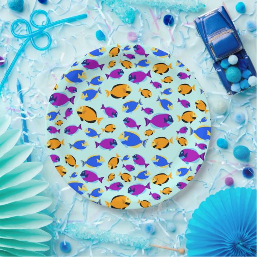 Kleurig tropisch vispatroon in blauw Zee Papieren Bordje (Feest)