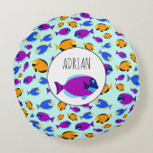 Kleurig tropisch vispatroon in blauw Zee Rond Kussen (Achterkant)