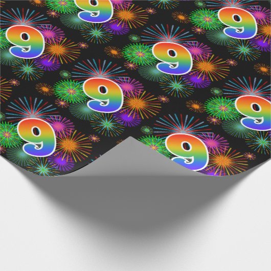 Kleurig vuurwerk + regenboogpatroon "9" Event # Cadeaupapier (Hoek)