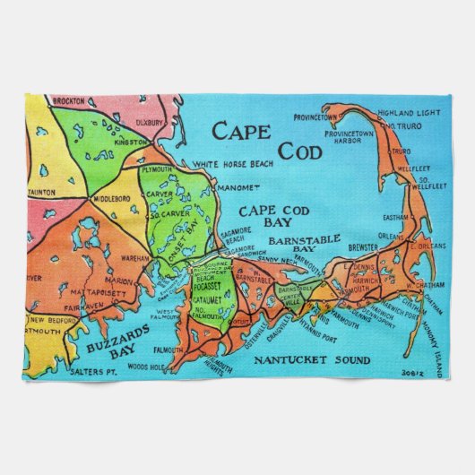 Kleurige Cape Cod kaart keukenhanddoek (Horizontaal)