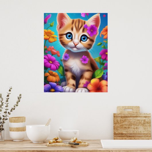 Kleurige Kitten en Bloemen Kindermuurposter Poster (Keuken)