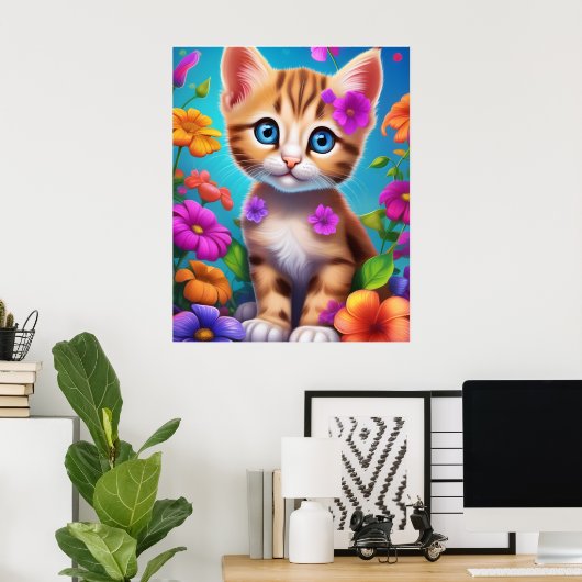 Kleurige Kitten en Bloemen Kindermuurposter Poster (Thuiskantoor)