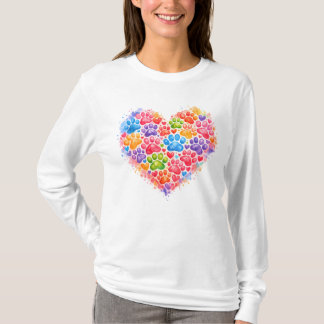 Kleurige Pootafdruk Hart – Waterverf Hond Liefhebb T-shirt