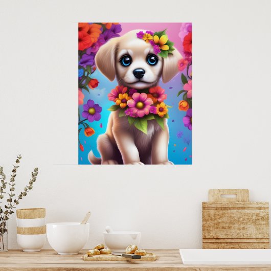 Kleurige Puppies en Bloemen Kindermuurposter Poster (Keuken)