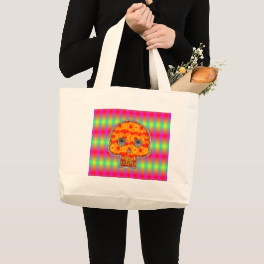 Kleurige Robot Schedel Op Regenboog Achtergrond Grote Tote Bag (Voorkant (product))