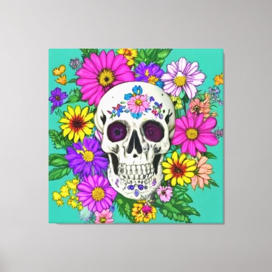 kleurige schedel met bloemen canvas afdruk (Voorkant)