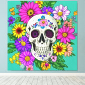 kleurige schedel met bloemen canvas afdruk (Insitu (Houten vloer))