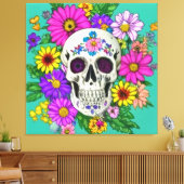 kleurige schedel met bloemen canvas afdruk (Insitu (Woonkamer))