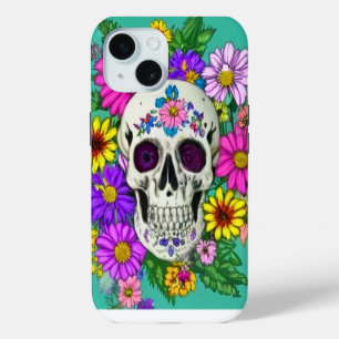 kleurige schedel met bloemen iPhone 15 case
