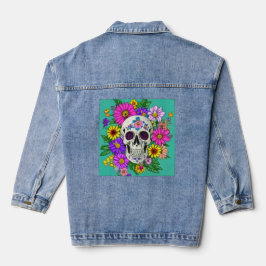 kleurige schedel met bloemen denim jacket