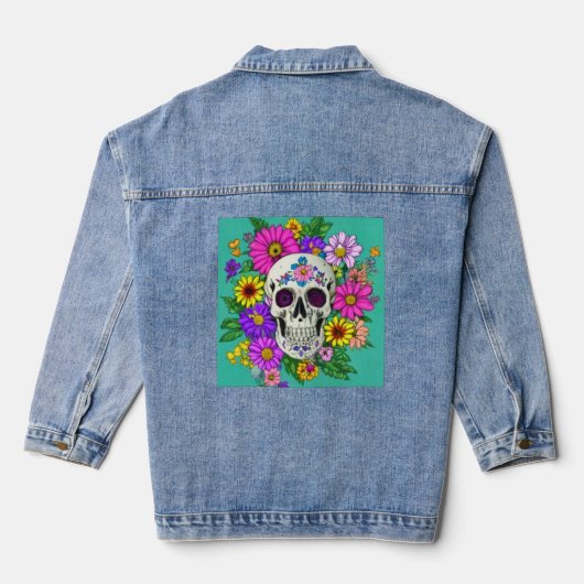 kleurige schedel met bloemen denim jacket (Achterkant)