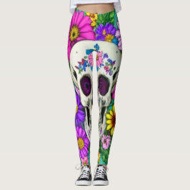 kleurige schedel met bloemen leggings