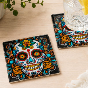 Kleurige Suiker Schedel Día de los Muertos Glazen Onderzetter