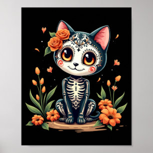 Kleurige Suiker Schedel Kat Mexicaanse Halloween Poster