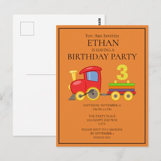 Kleurige trein op oranje derde verjaardag van kind briefkaart (Voorkant / Achterkant)